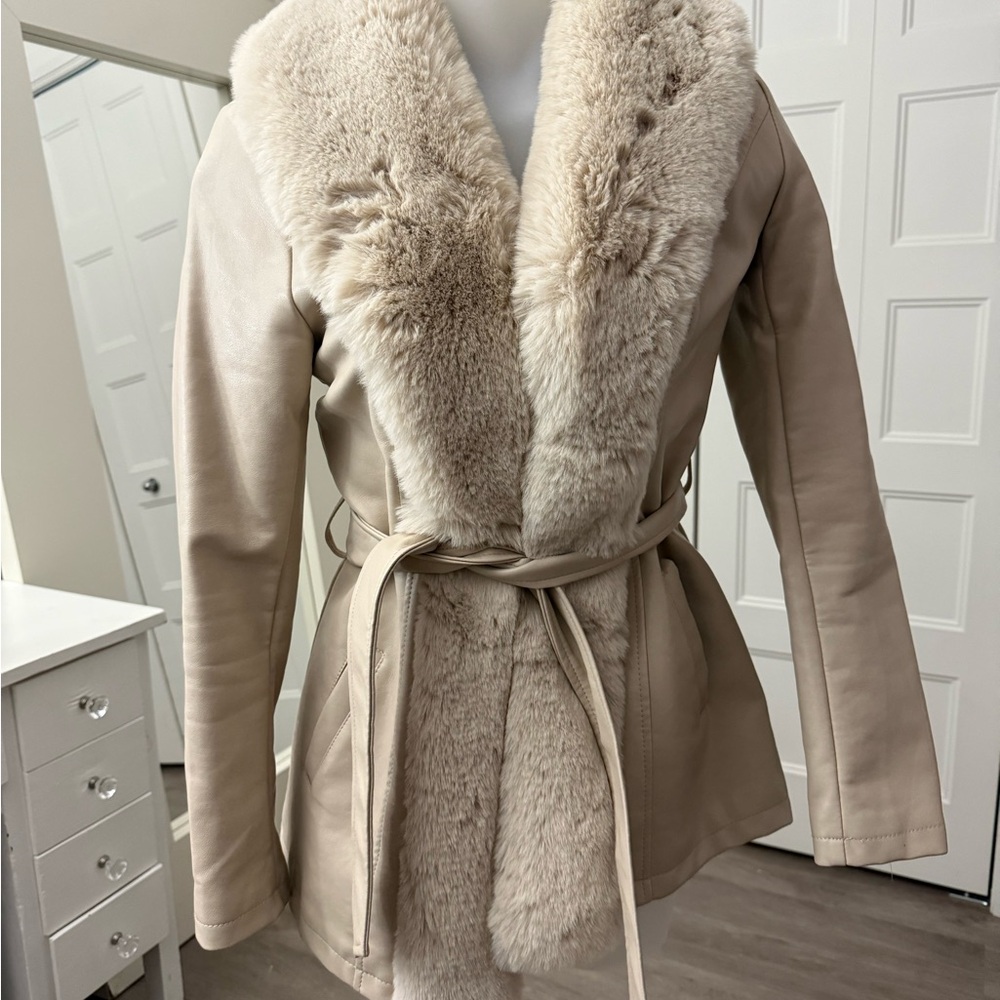 Le Chateau Tan Teddy Jacket with Faux Fur Trim